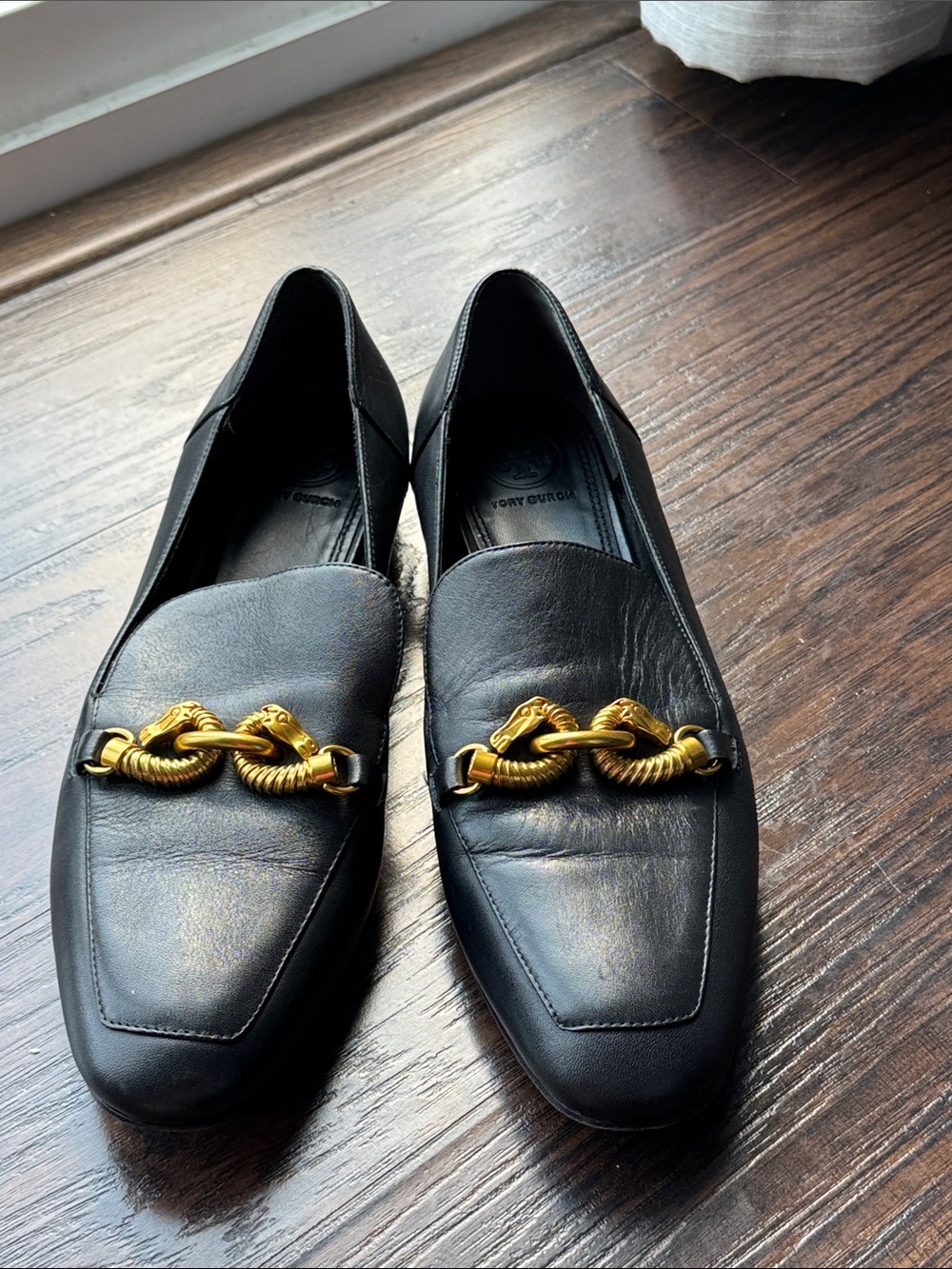 Tory Burch Black Leather Loafers with Gold Chain Hardware